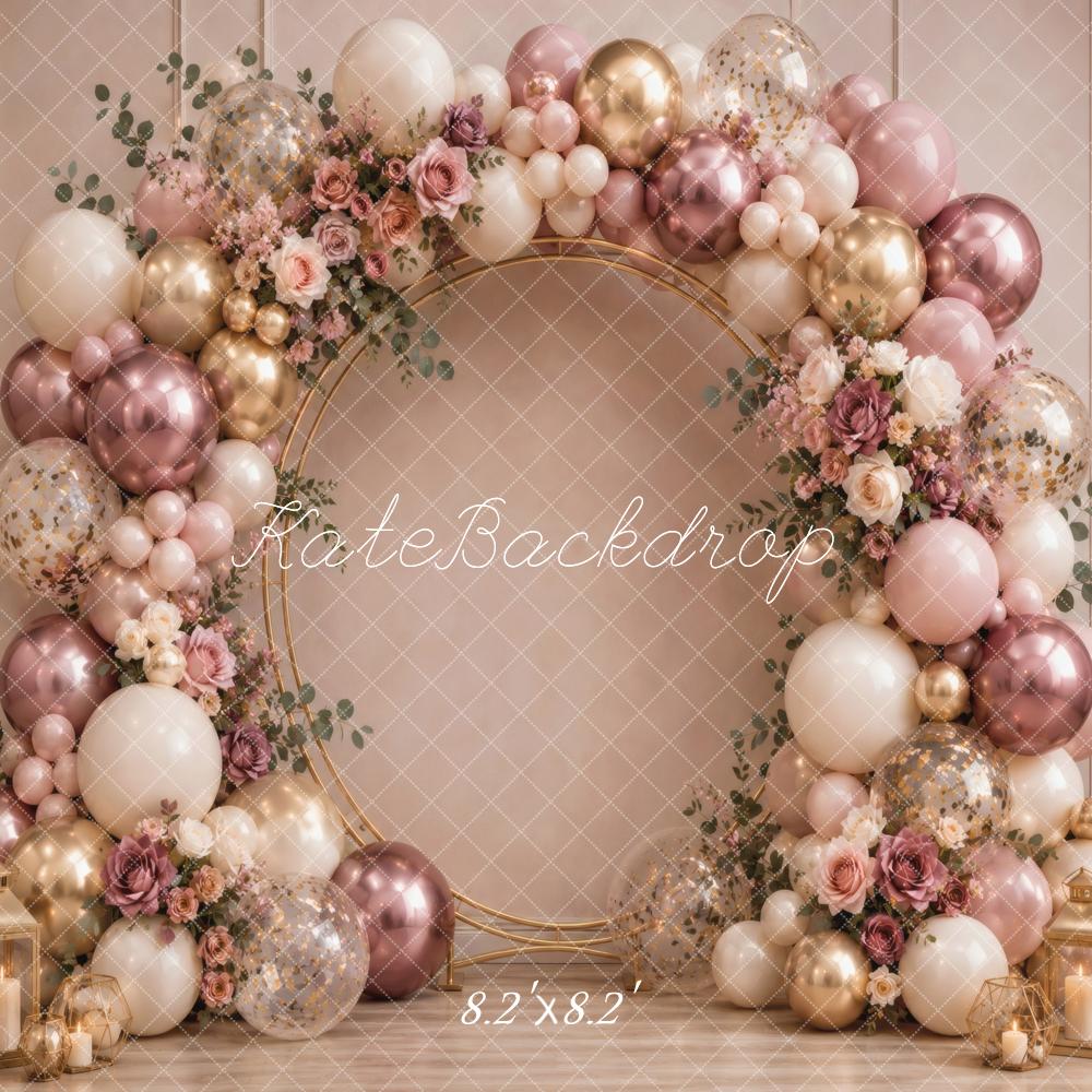 Kate Birthday Flower Arch Balloon Ring Pink Gold Floral Printed Backdrop Designed by Vertigo Productions
