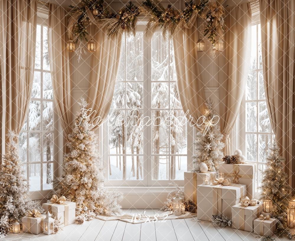 Kate Christmas Windows Beige Curtains Winter White Trees Gifts Printed Backdrop Designed by Emetselch