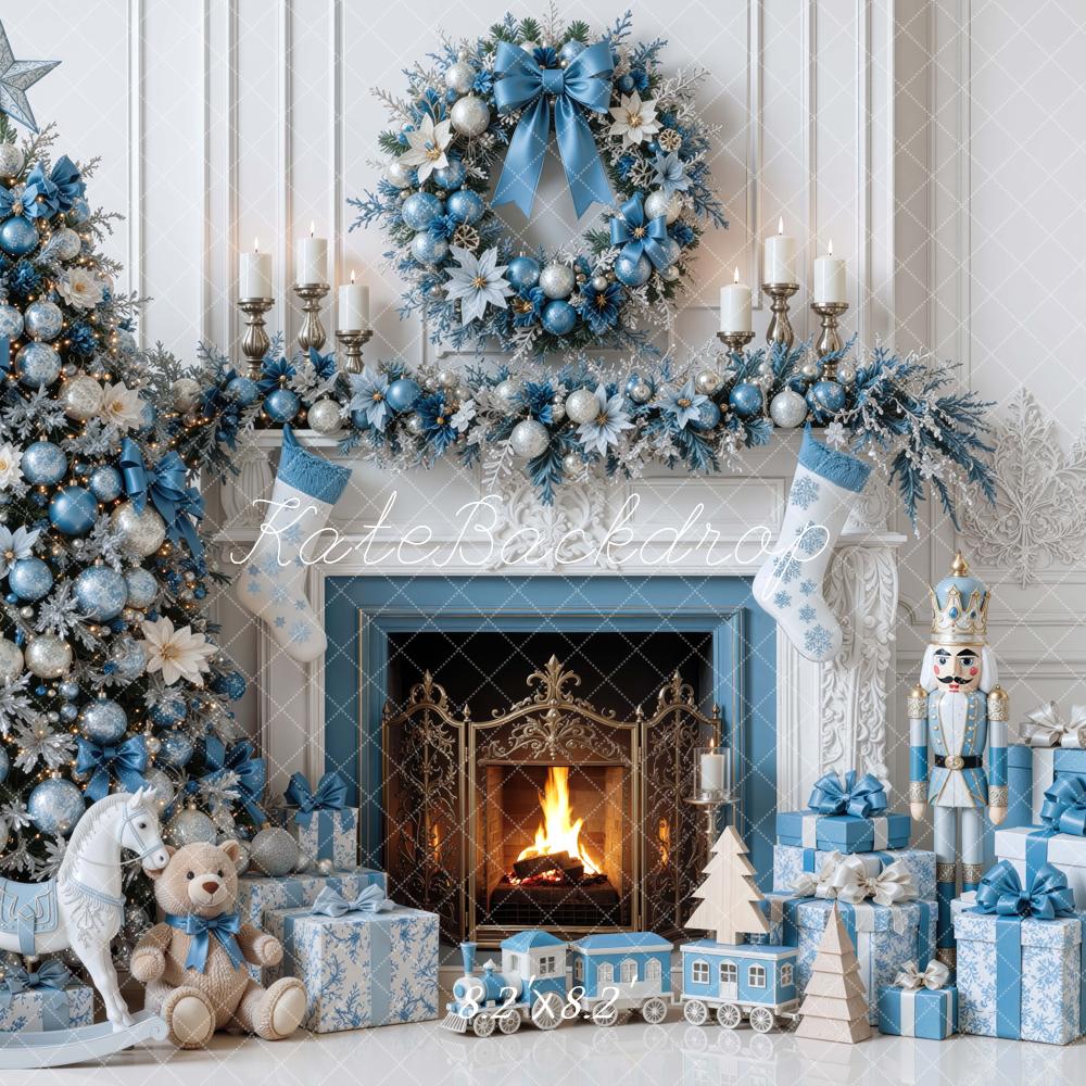 Kate Christmas Tree Blue Fireplace Wreath Gifts Winter Wonderland Printed Backdrop Designed by Mini MakeBelieve