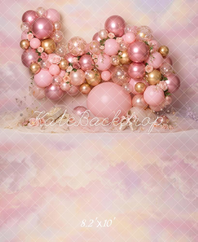 Kate Cake Smash Pink Balloon Garland Roses Pastel Printed Backdrop Designed by Emetselch