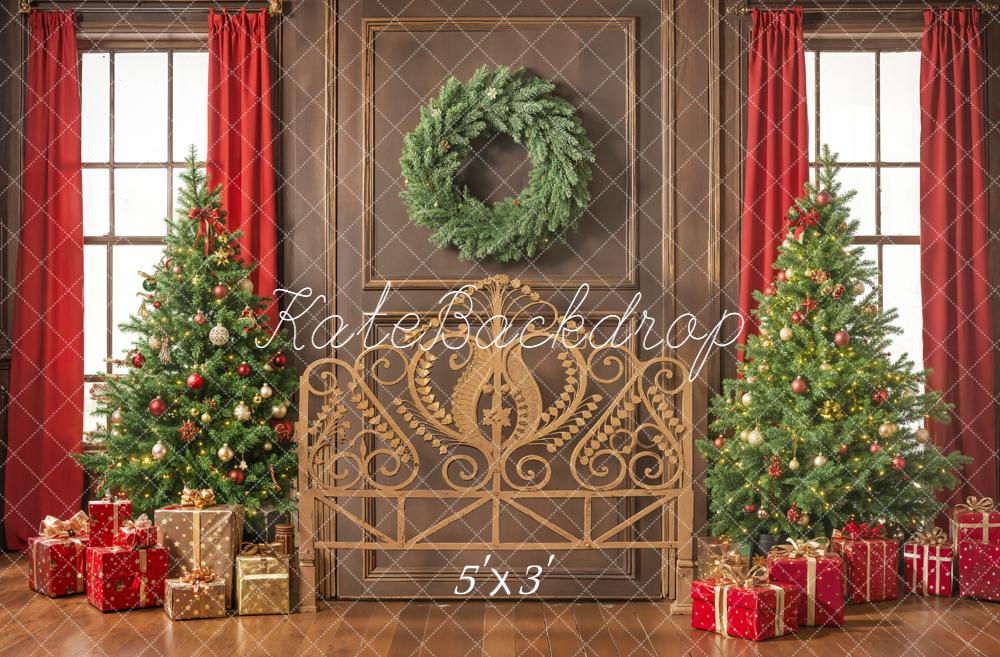 Kate Christmas Headboard Trees Wreath Gifts Red Curtains Printed Backdrop Designed by Emetselch
