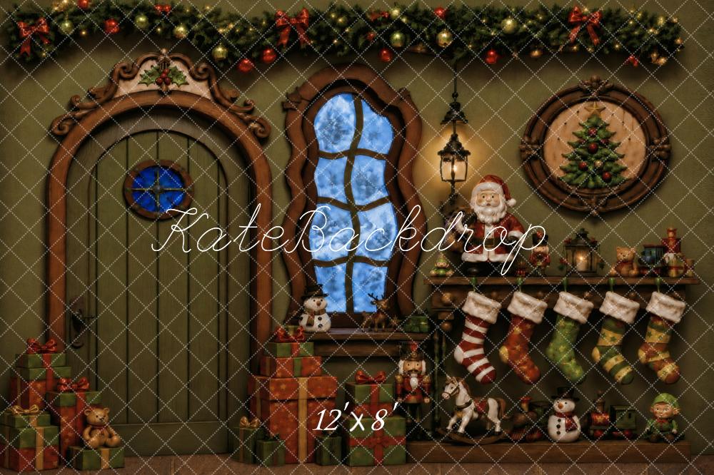 Kate Christmas Fantasy Green Fireplace Stockings Santa Gifts Printed Backdrop Designed by Vertigo Productions