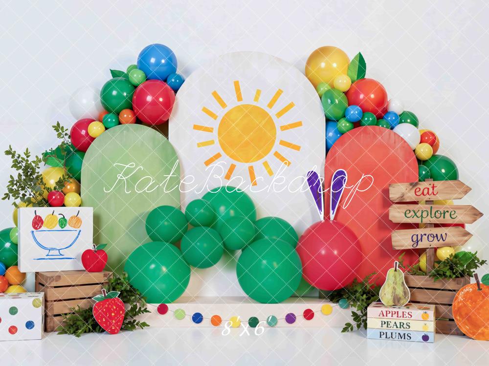 TEST Kate Cake Smash Colorful Catepillar Balloon Sun Fruit Crates Printed Backdrop Printed Backdrop Designed by Mini MakeBelieve