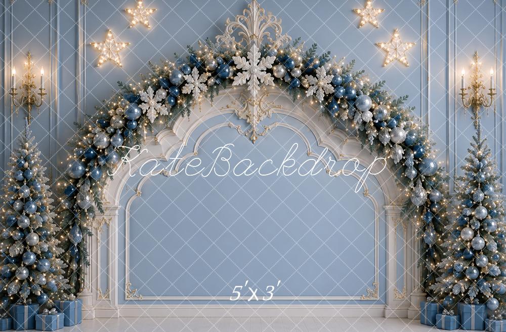 Kate Christmas Headboard Blue Arch Garland Trees Snowflakes Printed Backdrop Designed by Caitlin Lynch