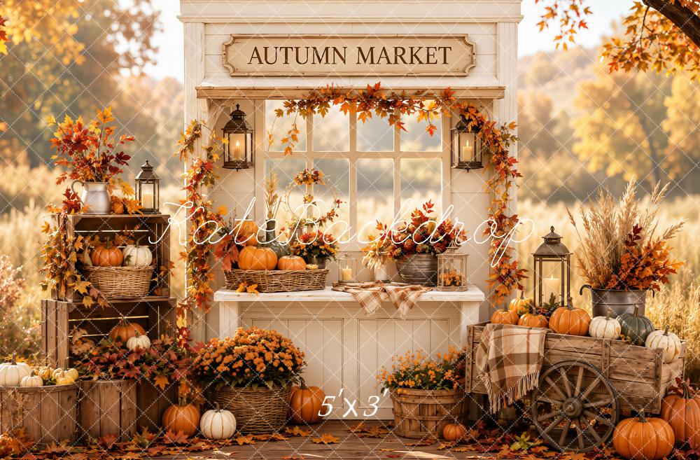 Kate Fall Market Pumpkins Crates Wagon Lanterns Leaves Forest Printed Backdrop Designed by Emetselch
