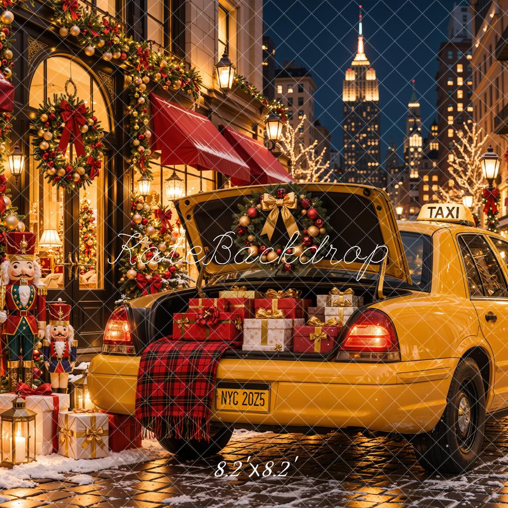 Kate Christmas Urban Yellow Taxi Gift City Street Shop Printed Backdrop Designed by Emetselch