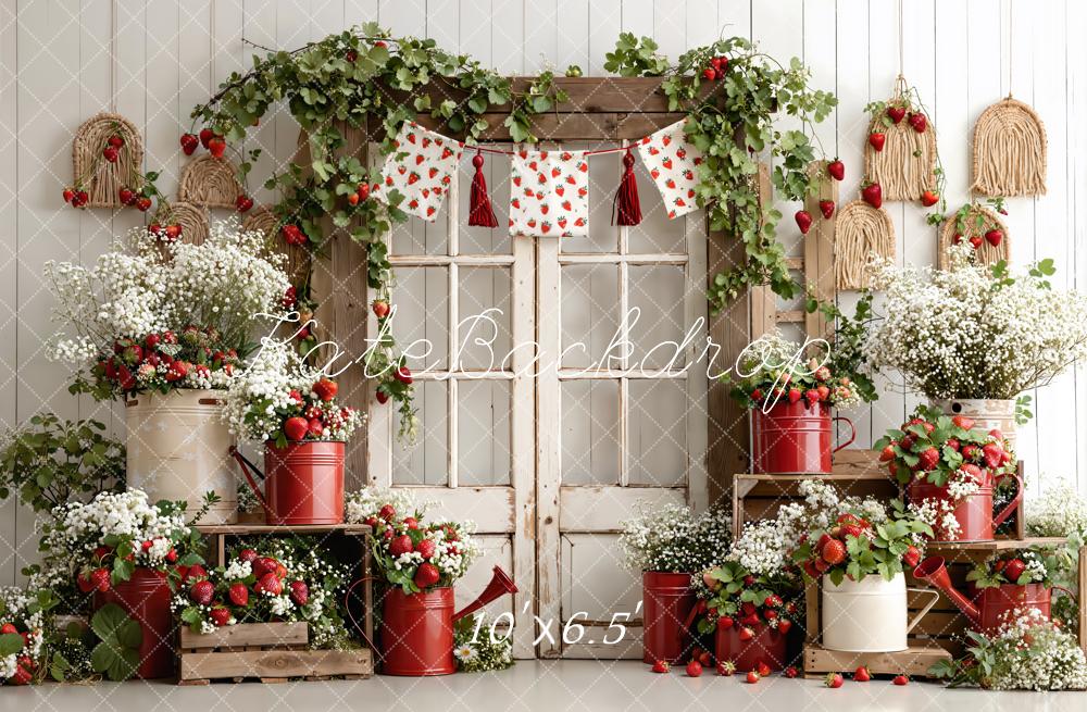 Kate Summer Strawberry Garland Rustic Window Watering Can Floral Crate Printed Backdrop Designed by Emetselch