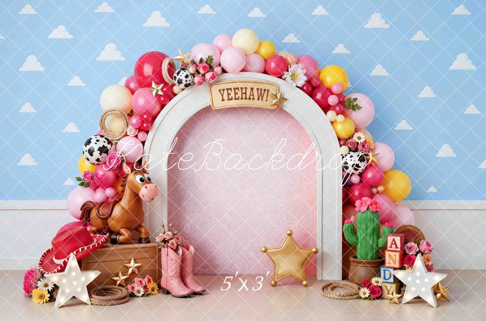 Kate Birthday Western Arch Balloons Horse Boots Cactus Stars Printed Backdrop Printed Backdrop Designed by Mini MakeBelieve
