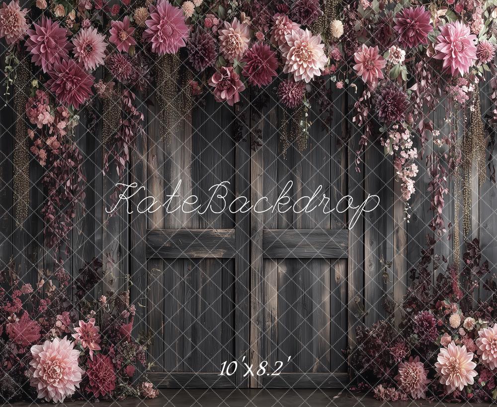 Kate Vintage Pink Flower Arch Dark Wood Doors Portrait Printed Backdrop Designed by Angela Miller