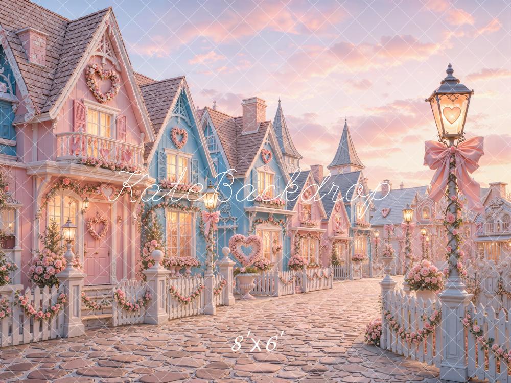 Kate Valentine's Day Street Pink Heart Cottage Village Printed Backdrop Designed by Chain Photography