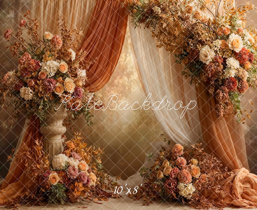 Kate Fall Flower Arch Orange Beige Drapes Backdrop Designed by Emetselch