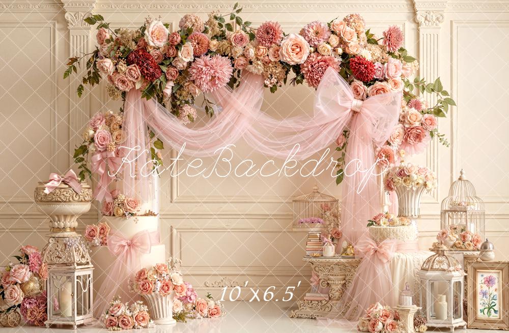 Kate Mother's Day Flower Arch Pink Roses Lanterns Birdcages Backdrop Designed by Emetselch