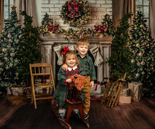 Kate Winter Christmas Tree White Retro Fireplace Printed Backdrop Designed by Emetselch