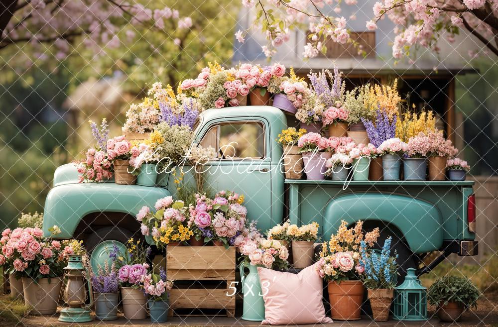 Kate Spring Vintage Truck Flower Pots Garden Printed Backdrop Designed by Emetselch