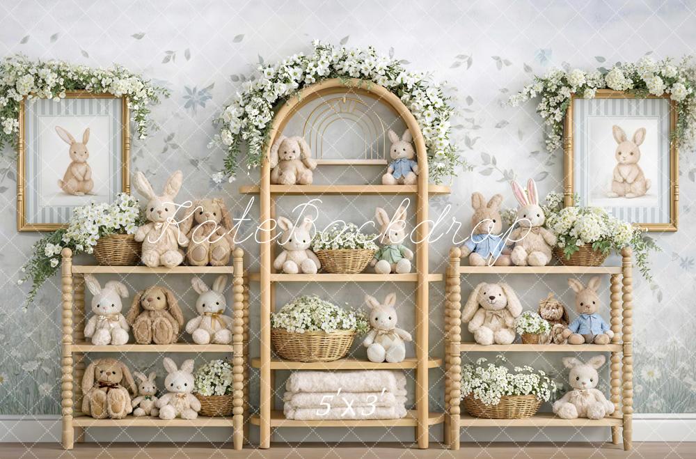 Kate Easter Bunny Flower Arch Plush Shelves Printed Backdrop Designed by Mini MakeBelieve