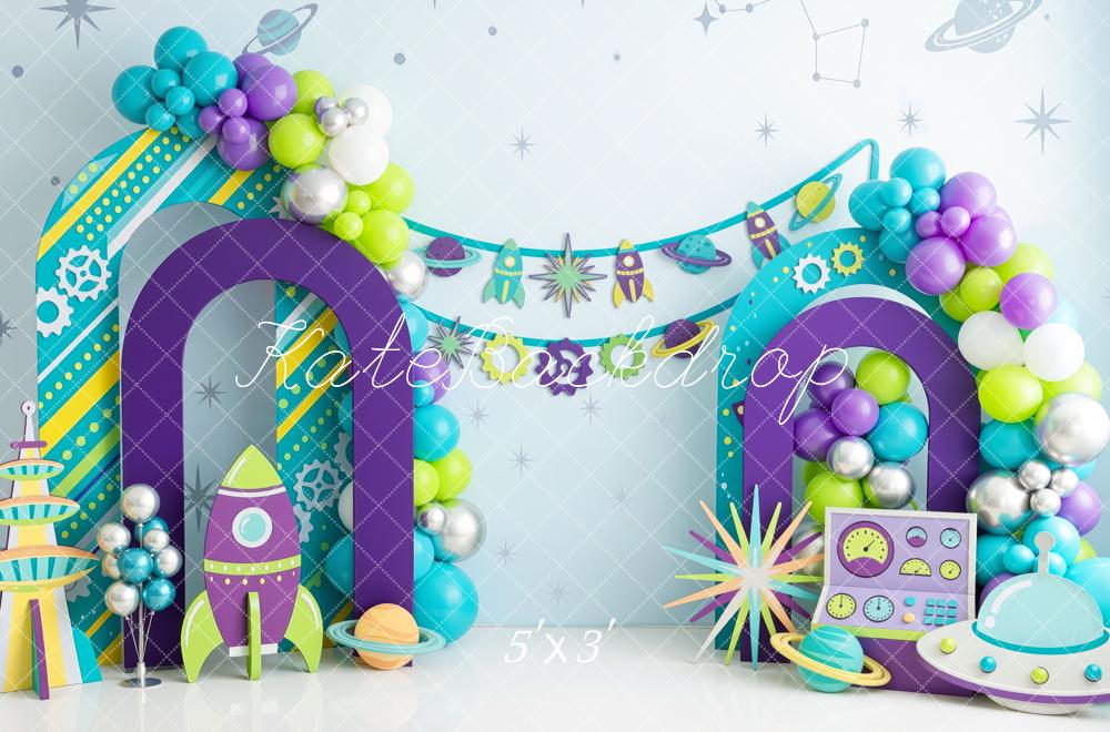 Kate Birthday Space Balloon Arch Rockets Purple Green Printed Backdrop Designed by Mini MakeBelieve