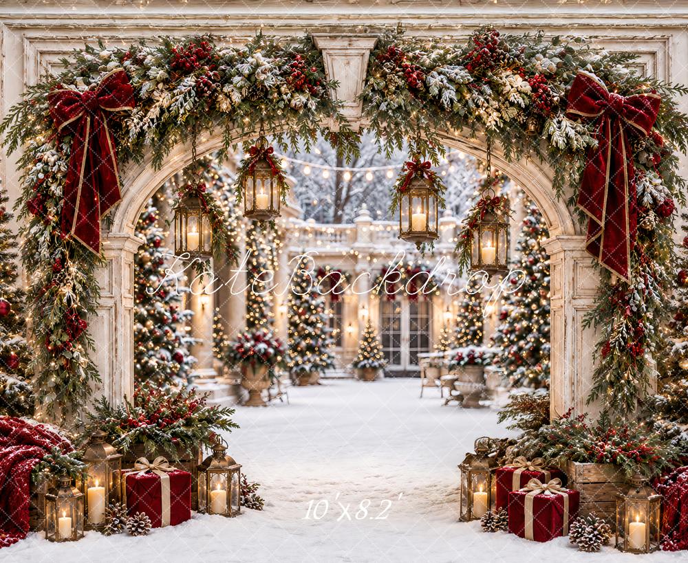 Kate Christmas White Archway Red Velvet Garland Trees Lanterns Printed Backdrop Designed by Ashley Paul