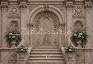 Kate Retro Architecture Cascading Stairs Beige Arch Floral Printed Backdrop Designed by Vertigo Productions