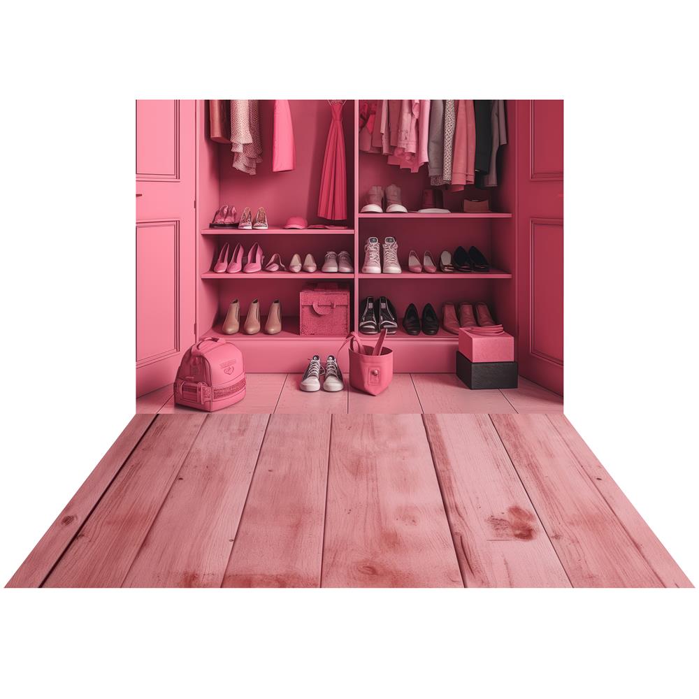 Kate Fashion Doll Closet Backdrop+Pink Wood Rubber Floor Mat