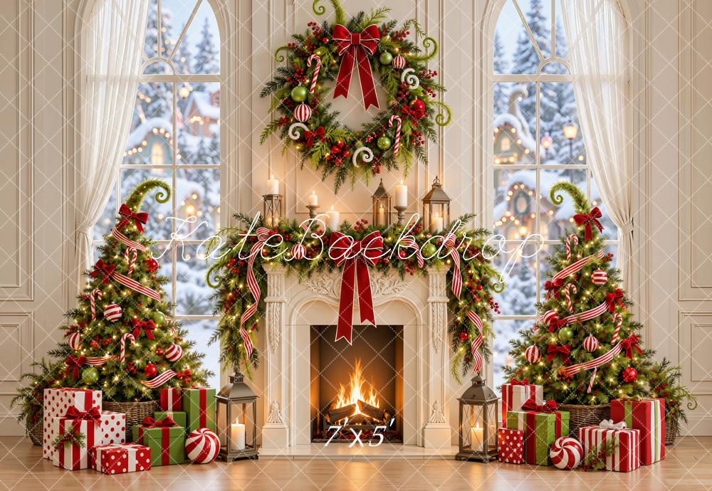 Kate Christmas Fireplace Whoville Wreath Christmas Trees Gifts Printed Backdrop Designed by Emetselch