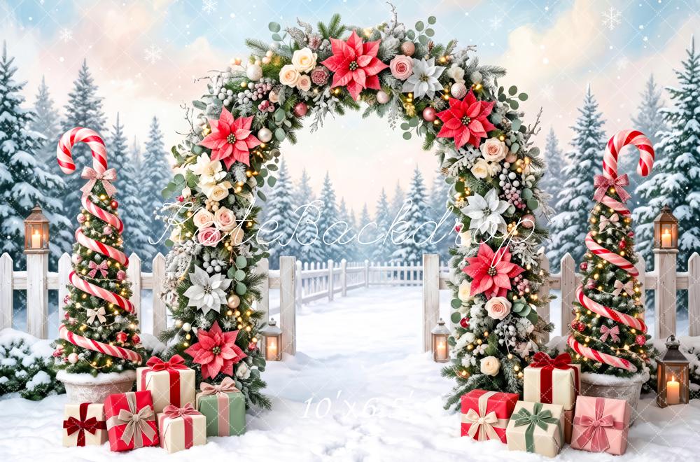 Kate Christmas Candy Cane Floral Arch Gifts Snow Printed Backdrop Designed by Patty Roberts