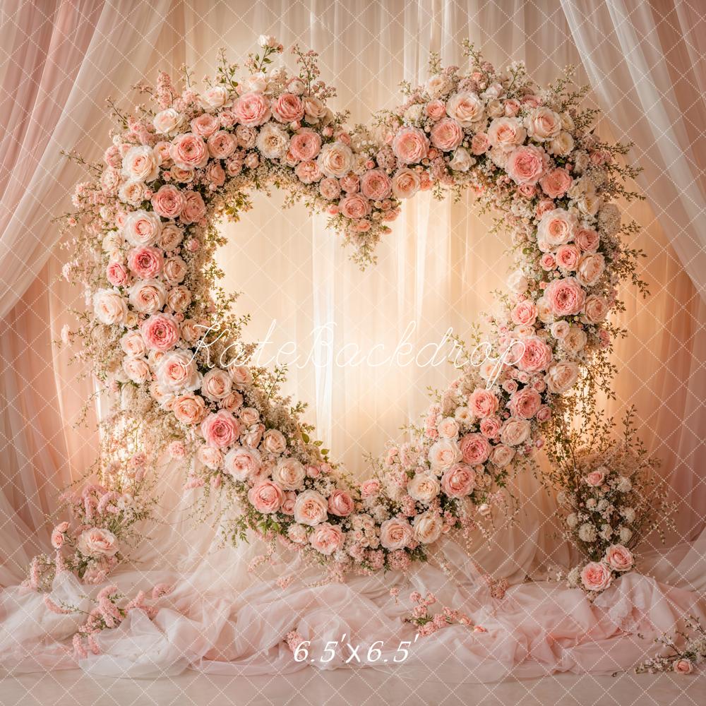 Kate Valentines Heart Flower Wreath Pink Roses Sheer Drapes Printed Backdrop Designed by Emetselch