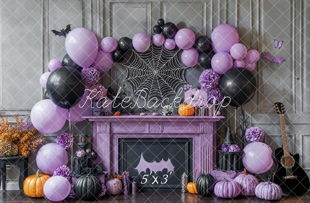 Kate Halloween Fireplace Purple Balloons Spider Web Pumpkins Backdrop Designed by Emetselch