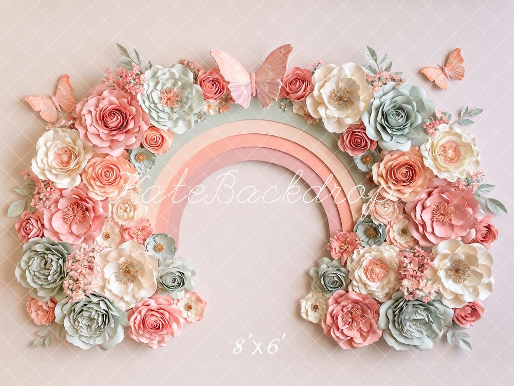 Kate Cake Smash Paper Flower Arch Pastel Rainbow Butterflies Printed Backdrop Designed by Angela Miller