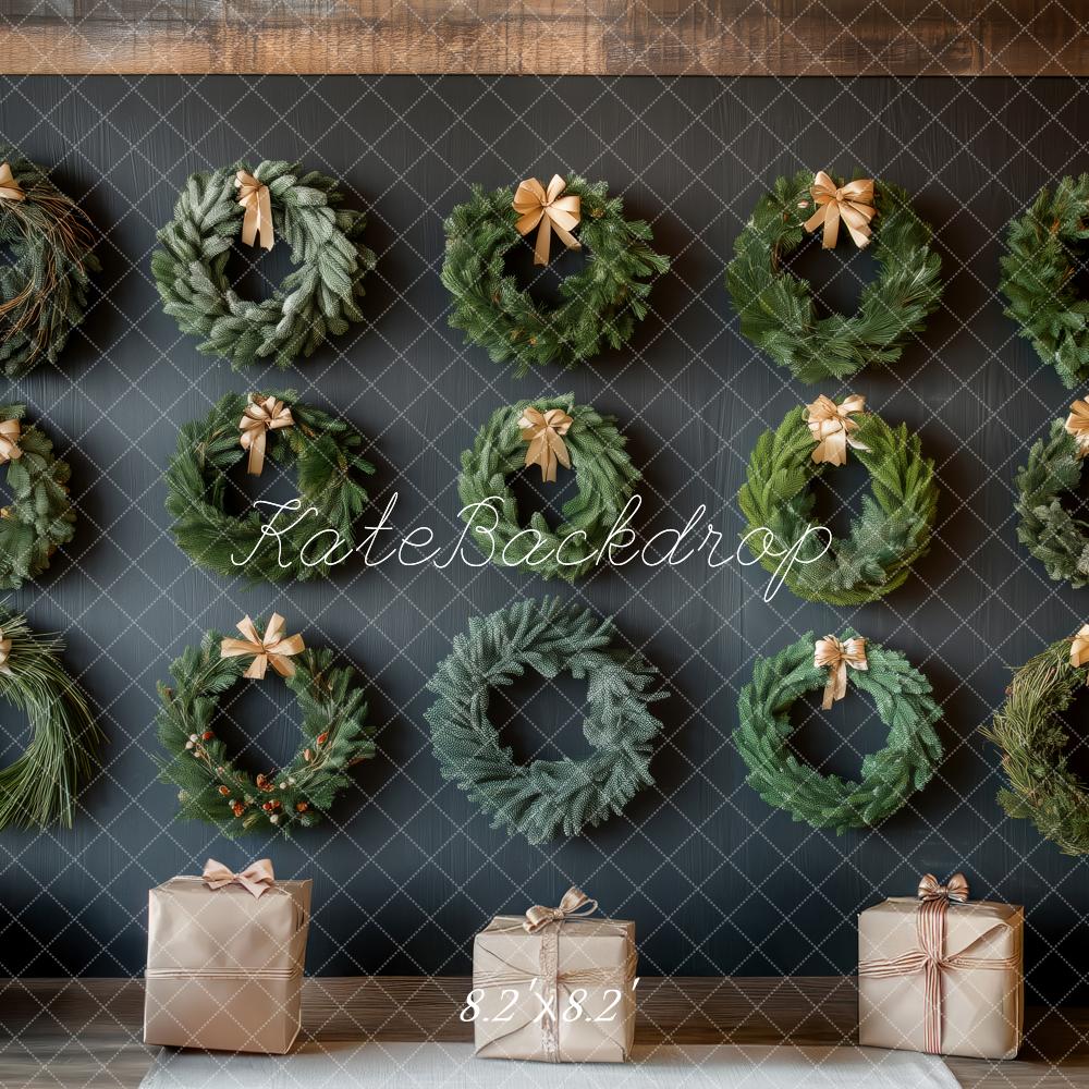 Kate Christmas Wreaths Gift Boxes Dark Wall Backdrop Designed by Patty Roberts