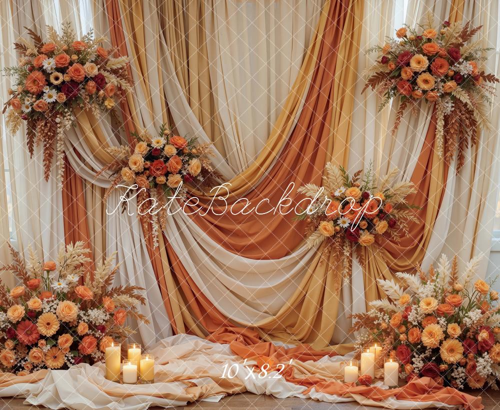Kate Fall Flowers Drapes Candles Orange White Printed Backdrop Designed by Mini MakeBelieve