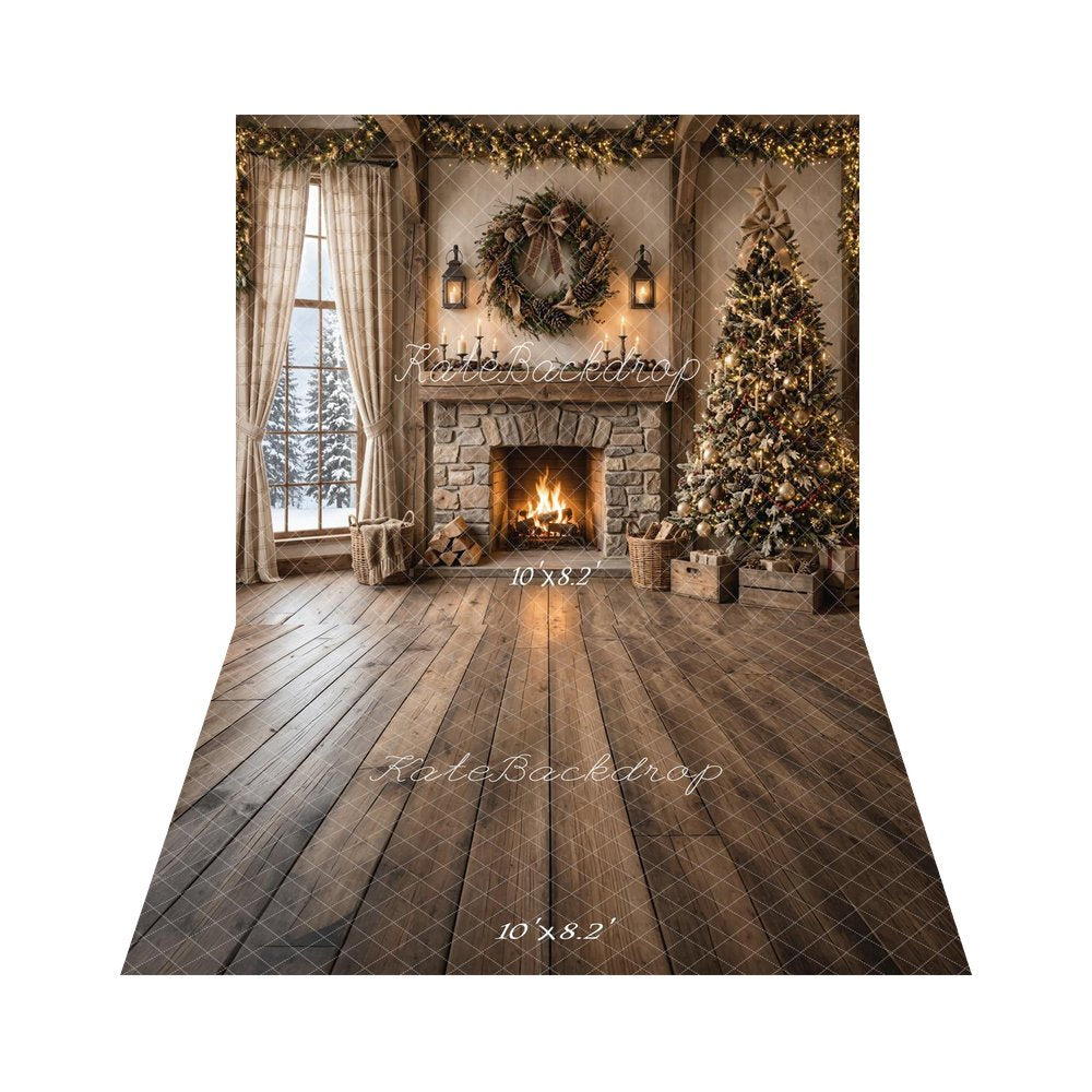Kate Christmas Stone Fireplace Tree Wreath Garland Printed Backdrop+Brown Wood Plank Floor Printed Backdrop