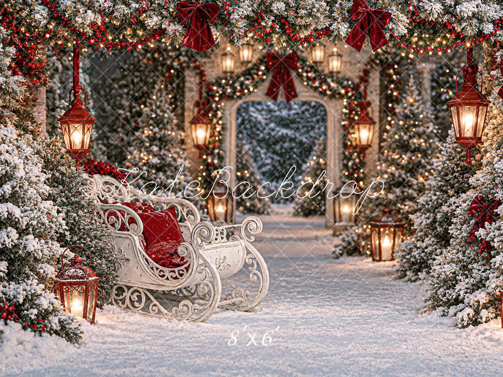 Kate Christmas Snowy Sleigh Lantern Archway Pine Trees Printed Backdrop Designed by Angela Miller