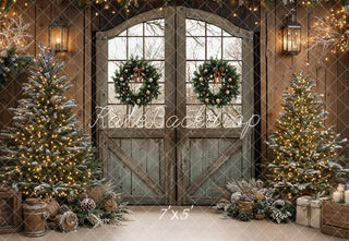 Kate Christmas Rustic Barn Doors Trees Wreaths Printed Backdrop Designed by Emetselch