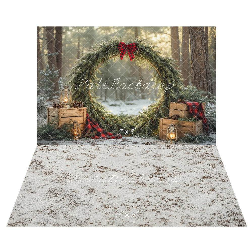 Kate Christmas Greenery Wreath Forest Crates Lanterns Printed Backdrop+White Powdered Abstract Texture Printed Backdrop