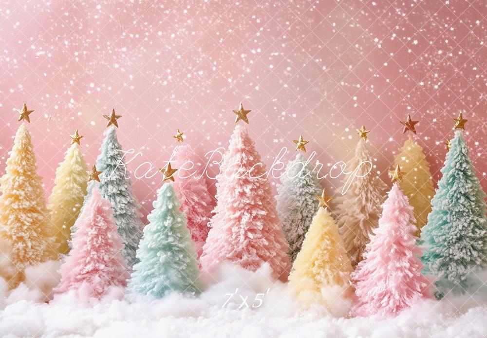 Kate Christmas Trees Pastel Snowy Pink Glitter Backdrop Designed by Patty Roberts