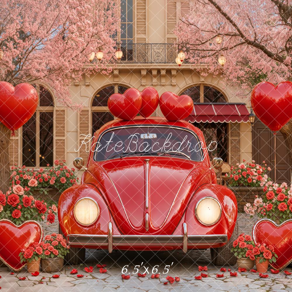 Kate Valentine's Day Red Car Heart Balloons Pink Flowers Backdrop Designed by Emetselch