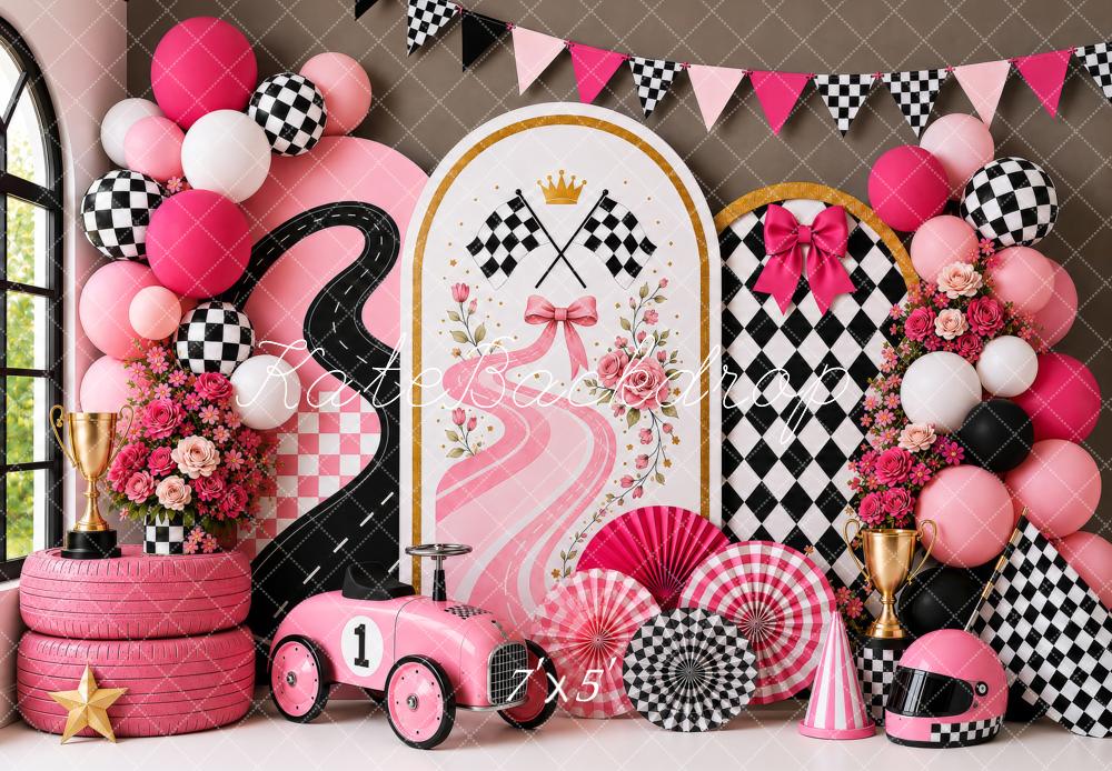 Kate Cake Smash Pink Racing Car Checkered Flag Floral Printed Backdrop Designed by Shutter Swan Studios