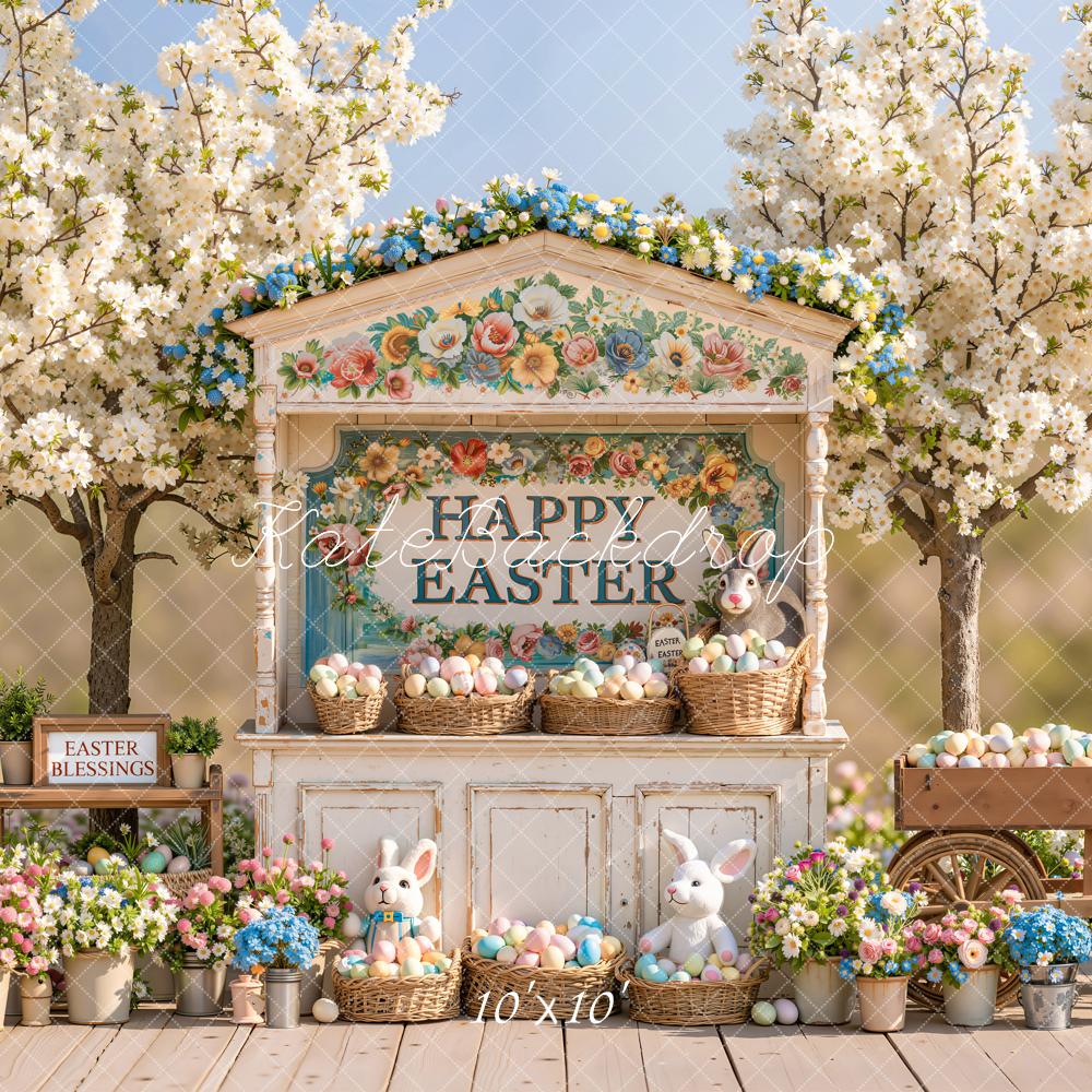Kate Easter Bunny Floral Market Eggs Baskets Cherry Blossom Printed Backdrop Designed by Emetselch