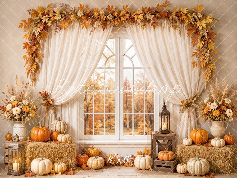 Kate Fall Window White Curtains Pumpkins Hay Bale Maple Garland Printed Backdrop Designed by Emetselch