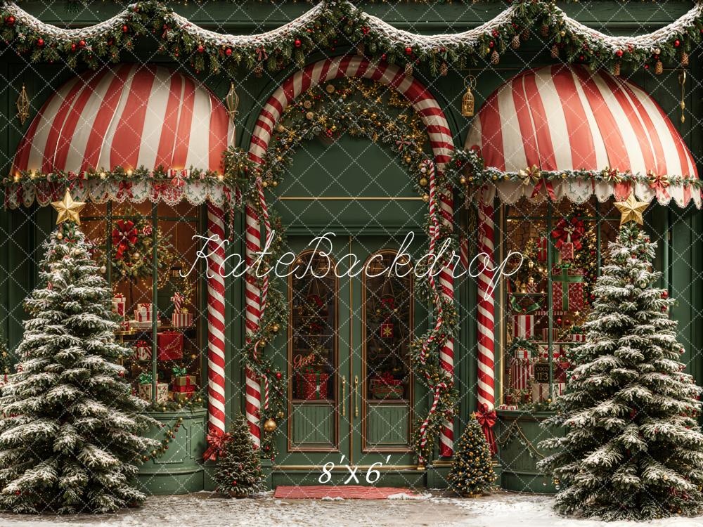 Kate Christmas Shop Candy Cane Striped Awning Snowy Trees Backdrop Designed by Emetselch
