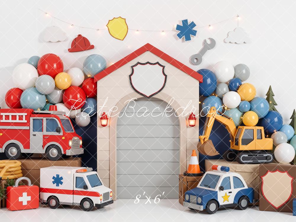 Kate Cake Smash Fire Truck Ambulance Police Car Construction Balloons Garage Printed Backdrop Designed by Mini MakeBelieve