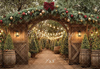 Kate Christmas Wooden Arch Garland Trees Pathway Lights Printed Backdrop Designed by Emetselch