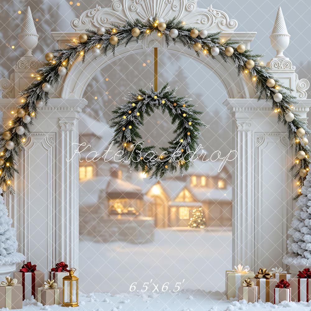 Kate Christmas Winter White Arch Wreath Snowy Trees Village Backdrop Designed by Mini MakeBelieve