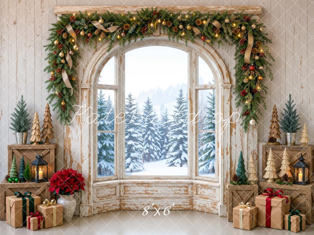 Kate Christmas Vintage Window Garland Gifts Snowy Forest Printed Backdrop Designed by Mini MakeBelieve