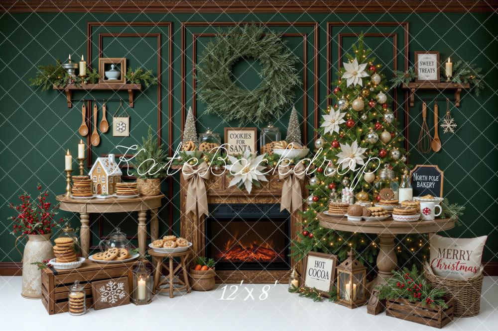 Kate Christmas Fireplace Tree Cookie Wreath Dessert Table Green Printed Backdrop Designed by Mini MakeBelieve
