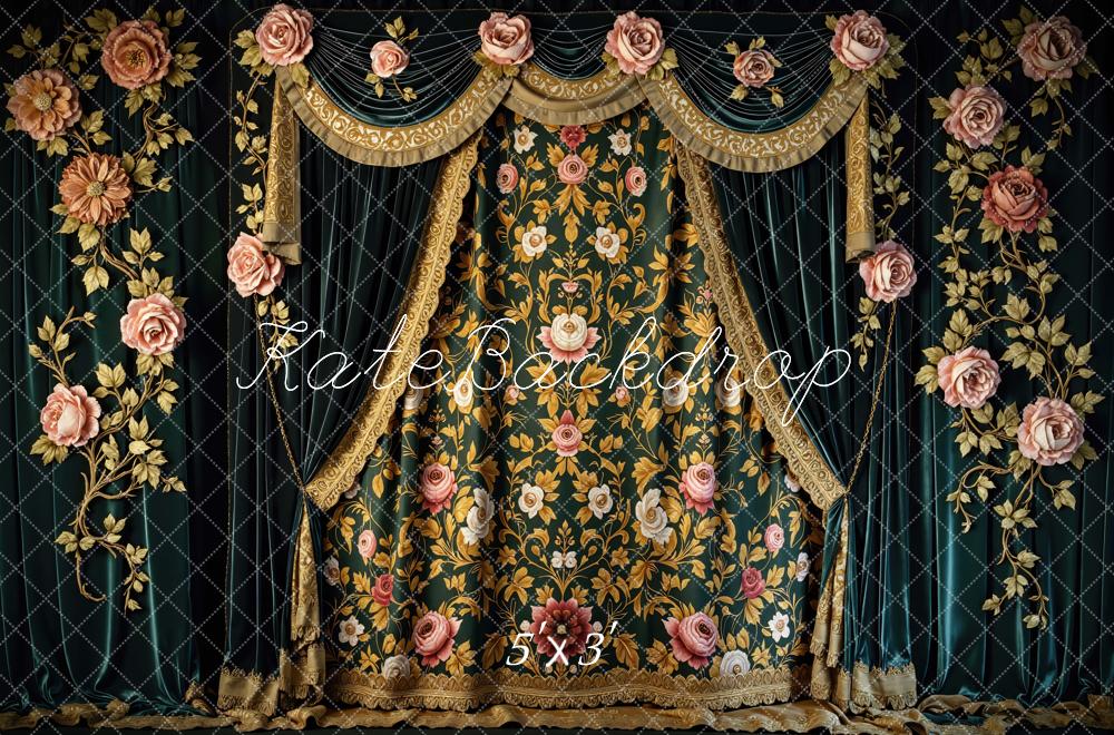 Kate Vintage Renaissance Curtain Curtain Gold Trim Pink Roses Backdrop Designed by Mini MakeBelieve