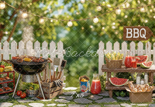 Kate Summer BBQ Grill Picnic White Picket Fence String Lights Printed Backdrop Designed by Chain Photography