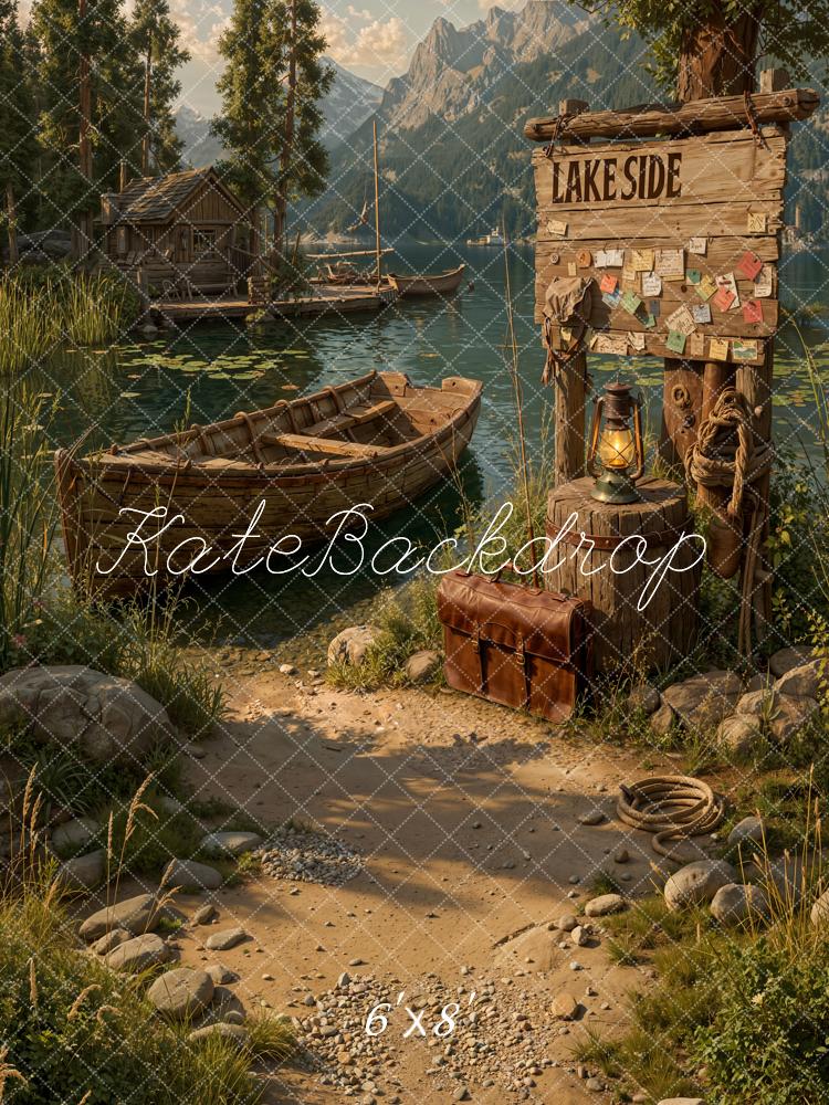 Kate Lakeside Wooden Boat Cabin Mountain Path Printed Backdrop Designed by Emetselch