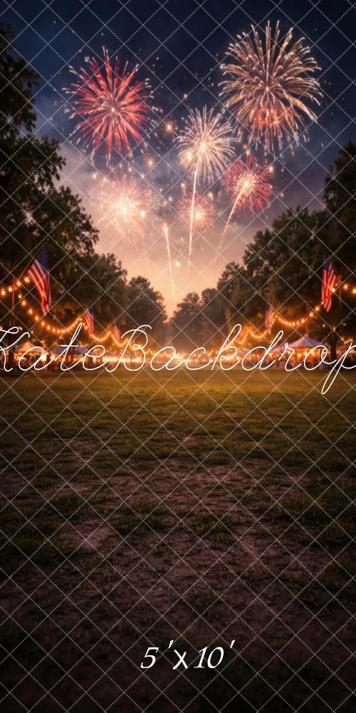 Kate Sweep 4th of July Fireworks Night Sky American Flags Lights Printed Backdrop Designed by Vertigo Productions