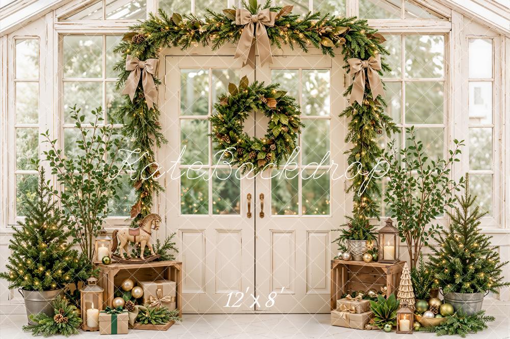 Kate Christmas Greenhouse Door Garland Evergreen Wreath Rustic Printed Backdrop Designed by Emetselch